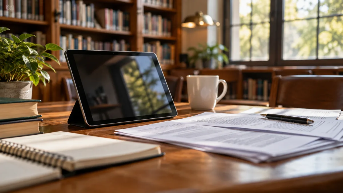 Photo of tablet and fund documents on library desk, screen indistinct, soft daylight