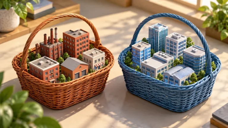ETFs vs mutual funds: Isometric illustration of two baskets containing diverse simple company buildings, rust and blue