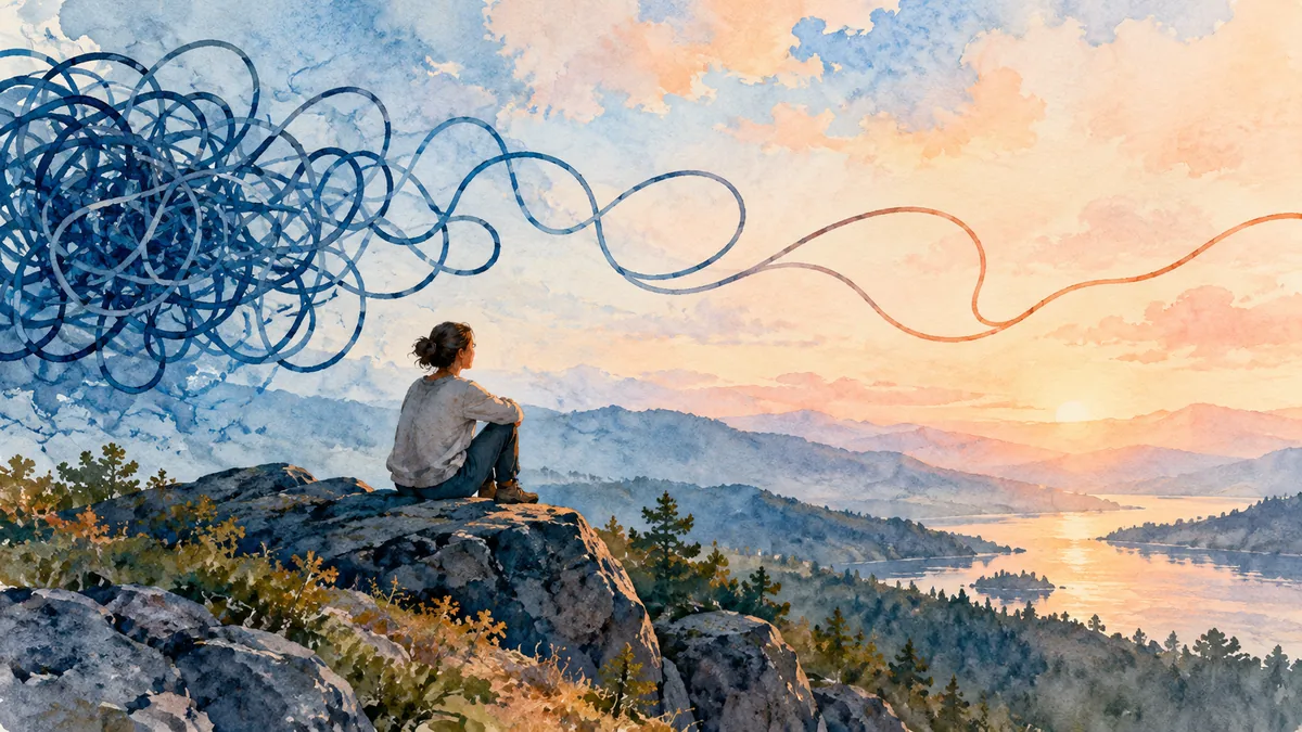 Expressive watercolor illustration of tangled line gradually becoming loose, blue and peach