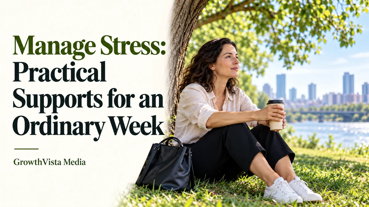 Manage Stress: Practical Supports for an Ordinary Week: title over an editorial scene