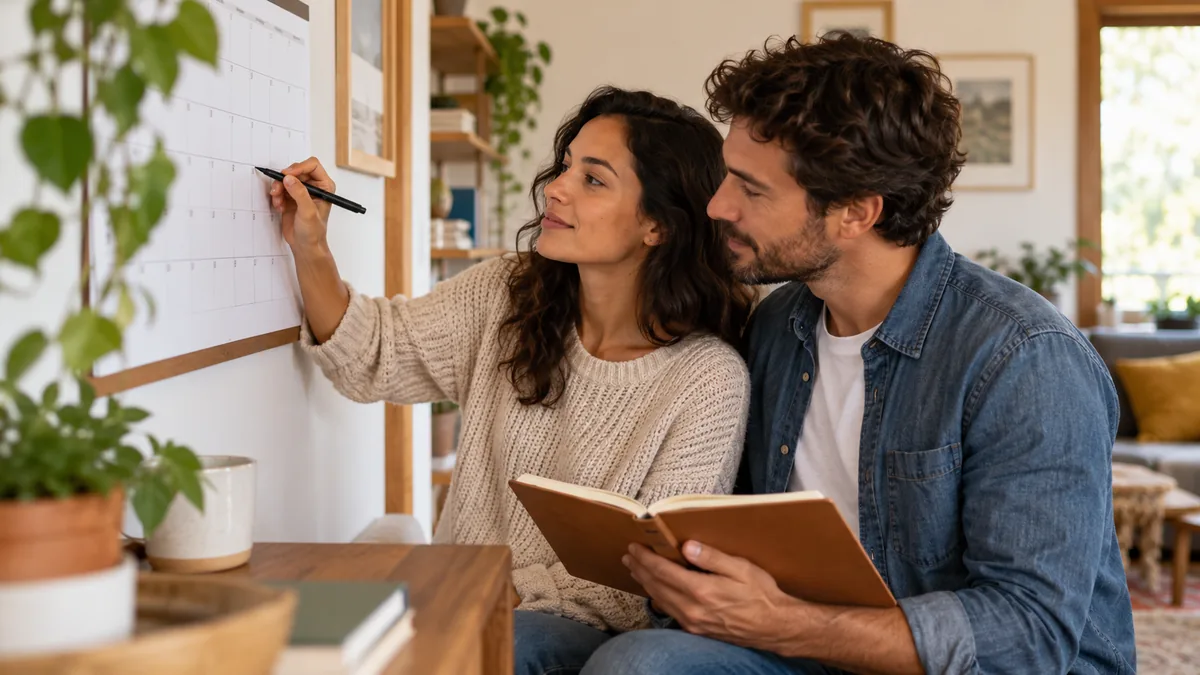 Photo of a couple reviewing a wall calendar and a handwritten goal notebook at home