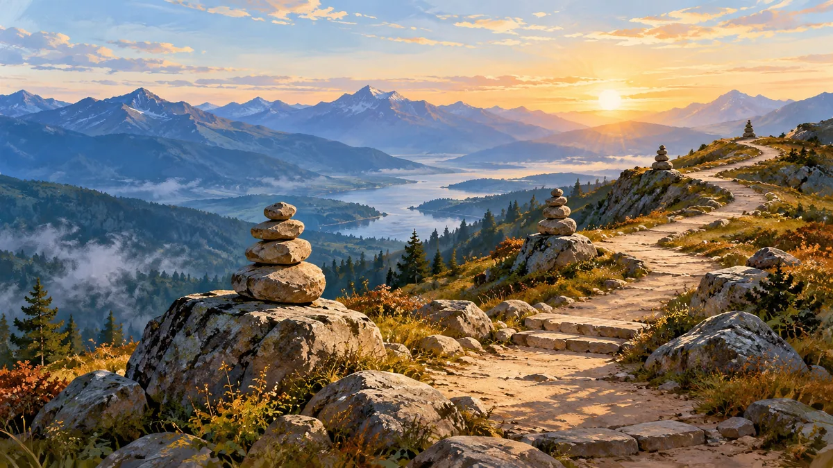 financial goals: Painterly editorial illustration of a winding path with several useful milestones, blue and sienna