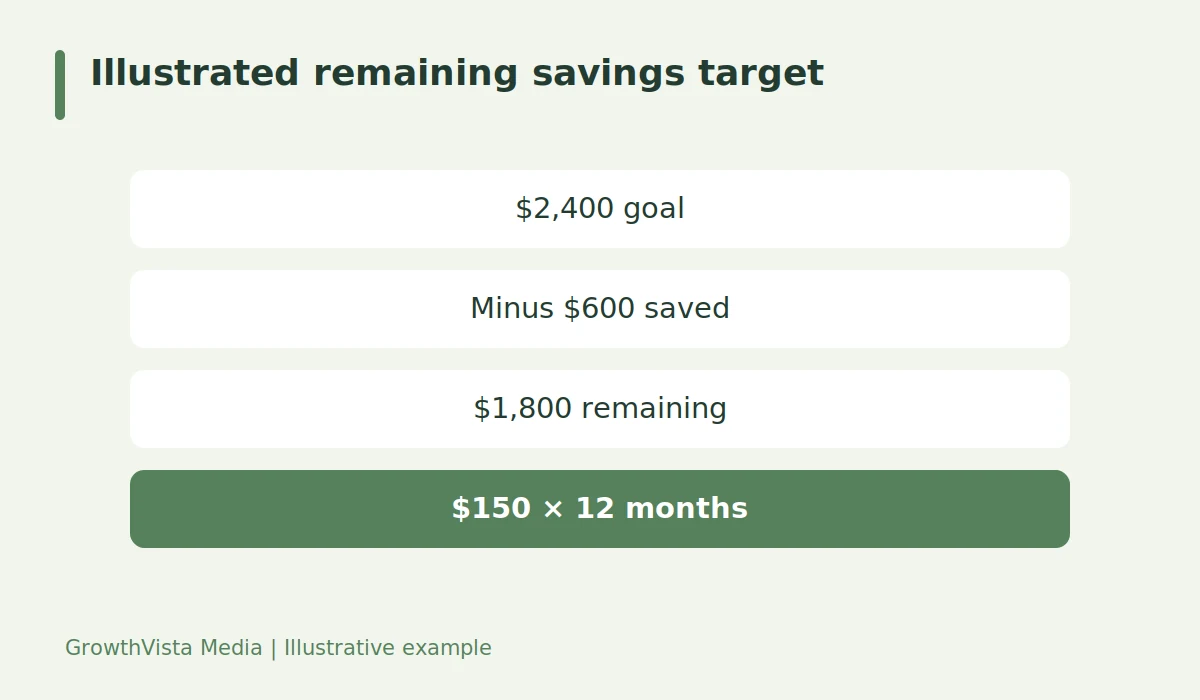 Illustrated remaining savings target: $2,400 goal → Minus $600 saved → $1,800 remaining → $150 × 12 months