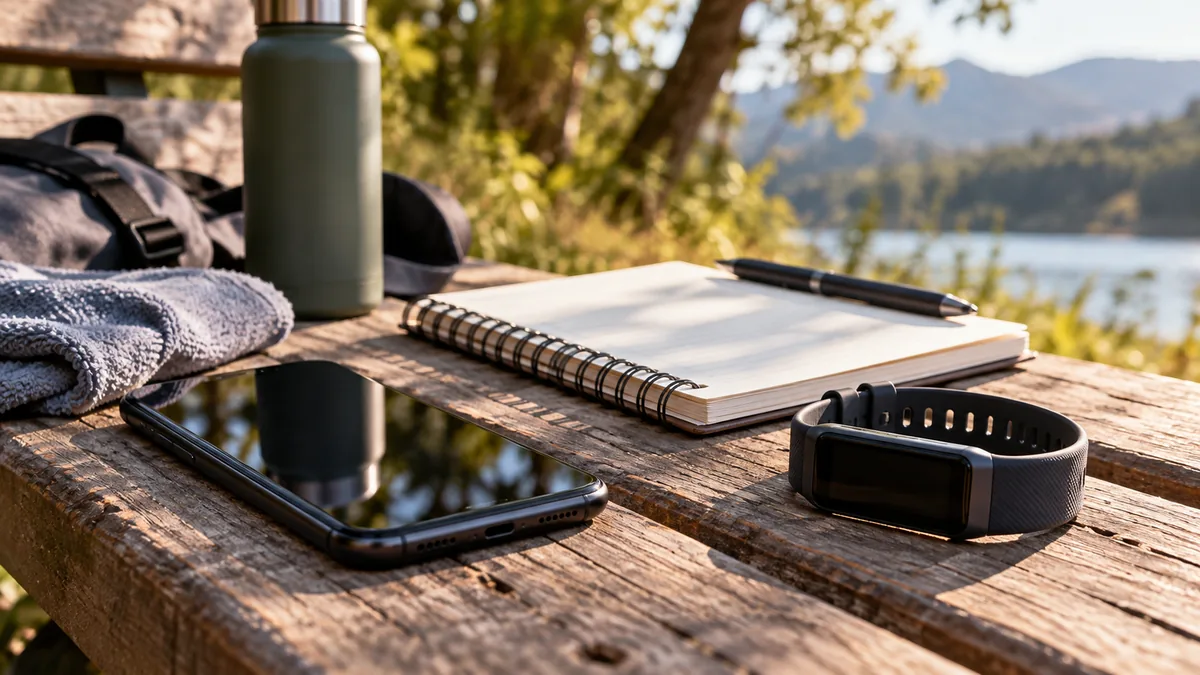 Macro product-neutral photo of phone, paper activity log and wrist device on a bench, no readable screen