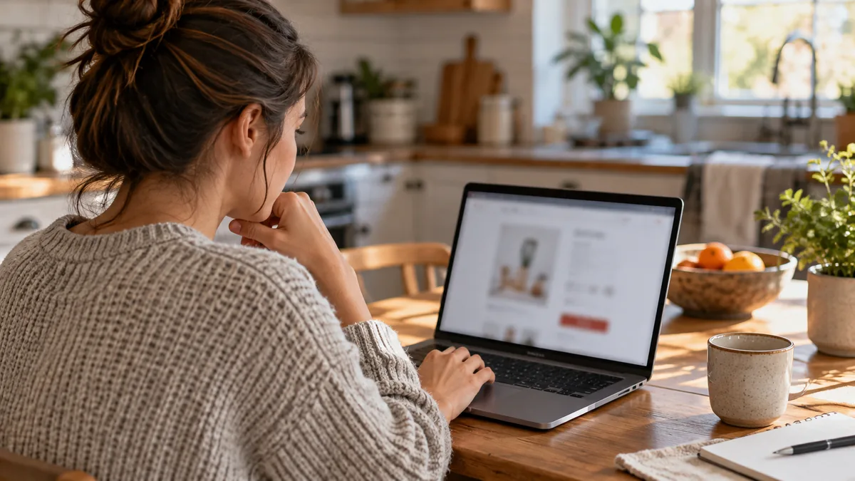Photo of person checking a checkout screen on laptop, screen blurred, kitchen home office