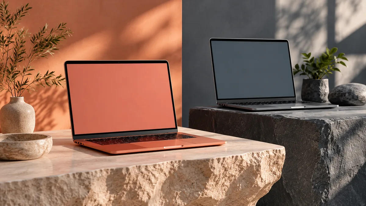 free vs paid tax software: Split-light sculptural still life of two laptops with simple blank screens, coral and slate