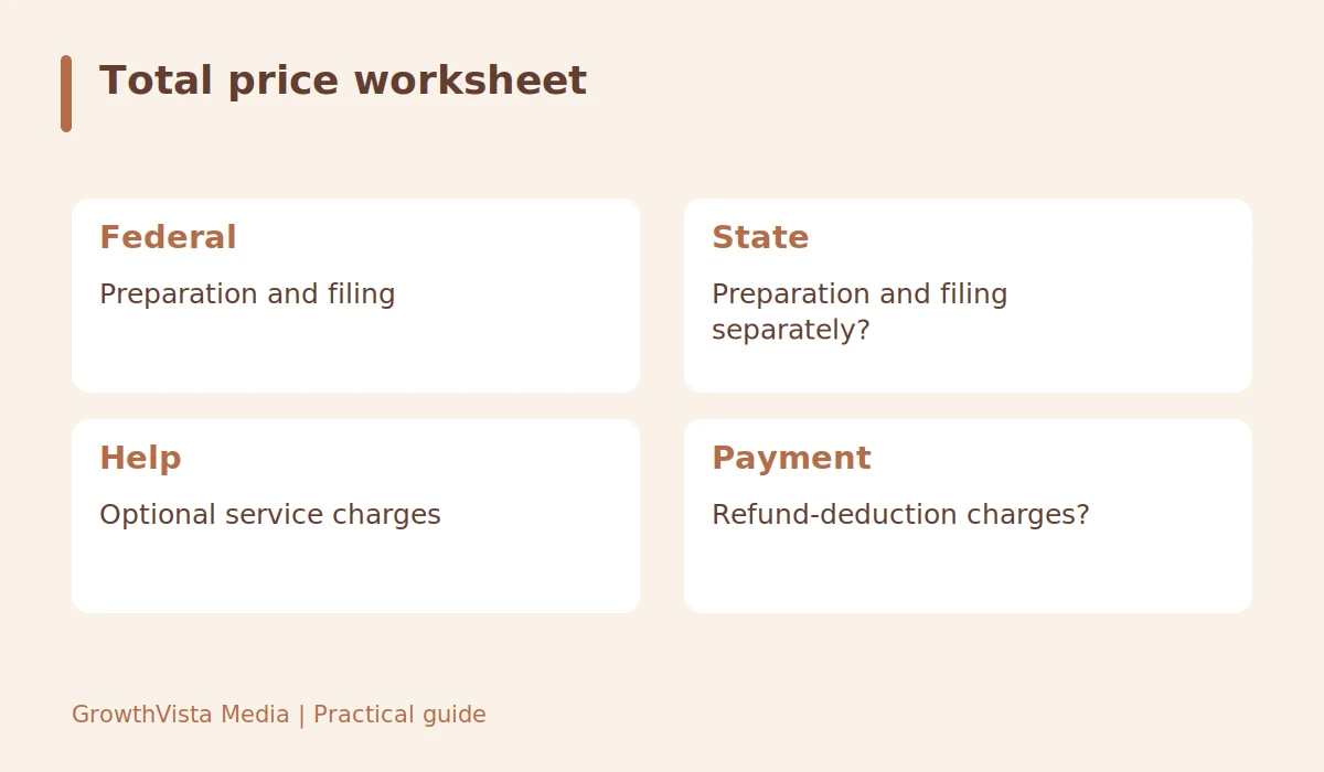 Total price worksheet: Federal: Preparation and filing; State: Preparation and filing separately?; Help: Optional service charges; Payment: Refund-deduction charges?