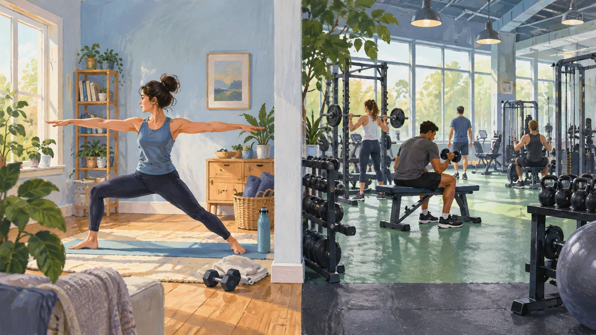 Gouache illustration contrasting home exercise room and community gym, pastel blue and green