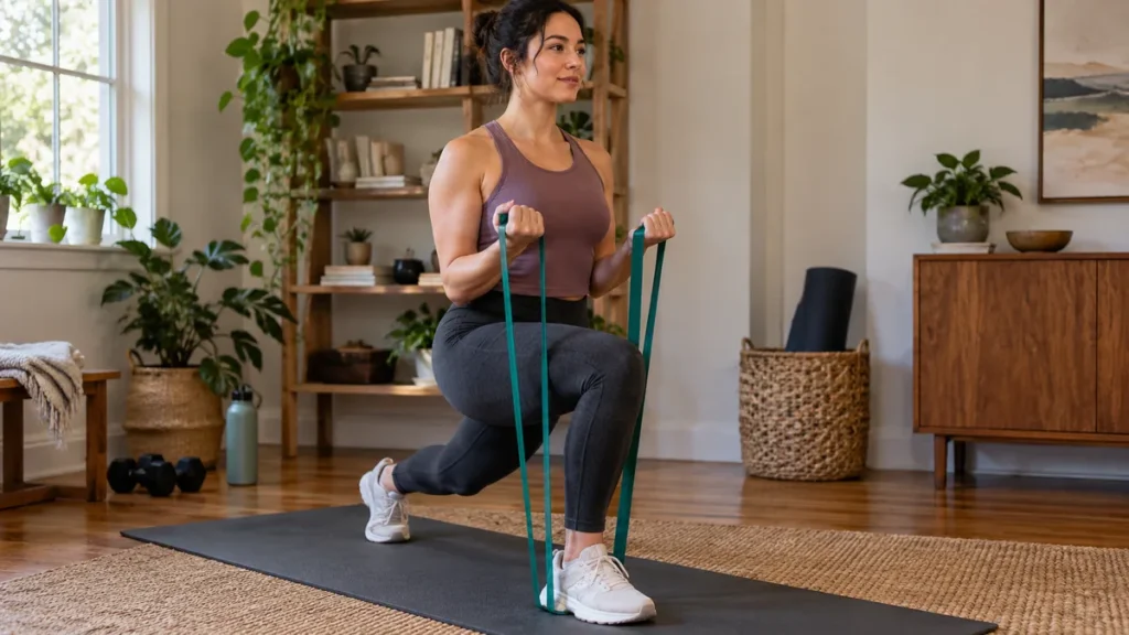 home workouts vs gym workouts: Editorial interior photo of a modest home exercise corner with mat and resistance bands