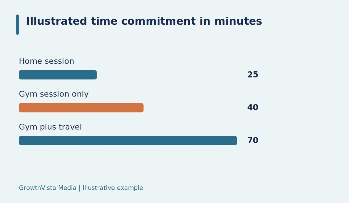 Illustrated time commitment in minutes: Home session: 25; Gym session only: 40; Gym plus travel: 70