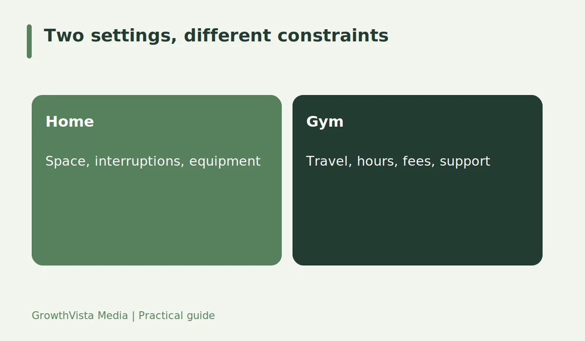 Two settings, different constraints: Home: Space, interruptions, equipment; Gym: Travel, hours, fees, support