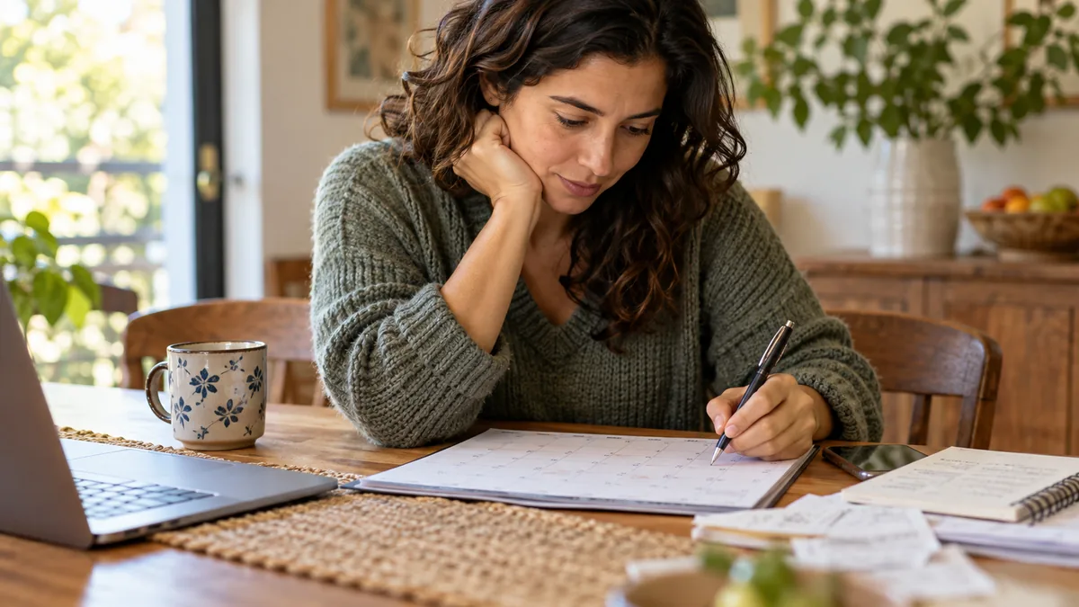 Documentary close-up of person checking a payment calendar at dining table, warm natural light