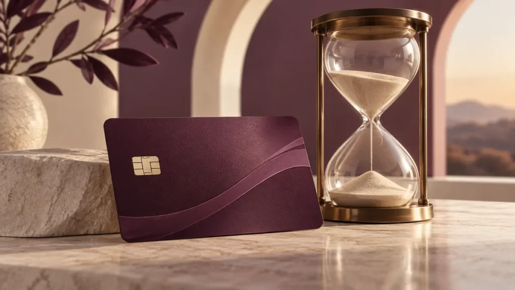 credit card interest: Minimal sculptural 3D scene of a credit card resting beside an hourglass, plum and cream