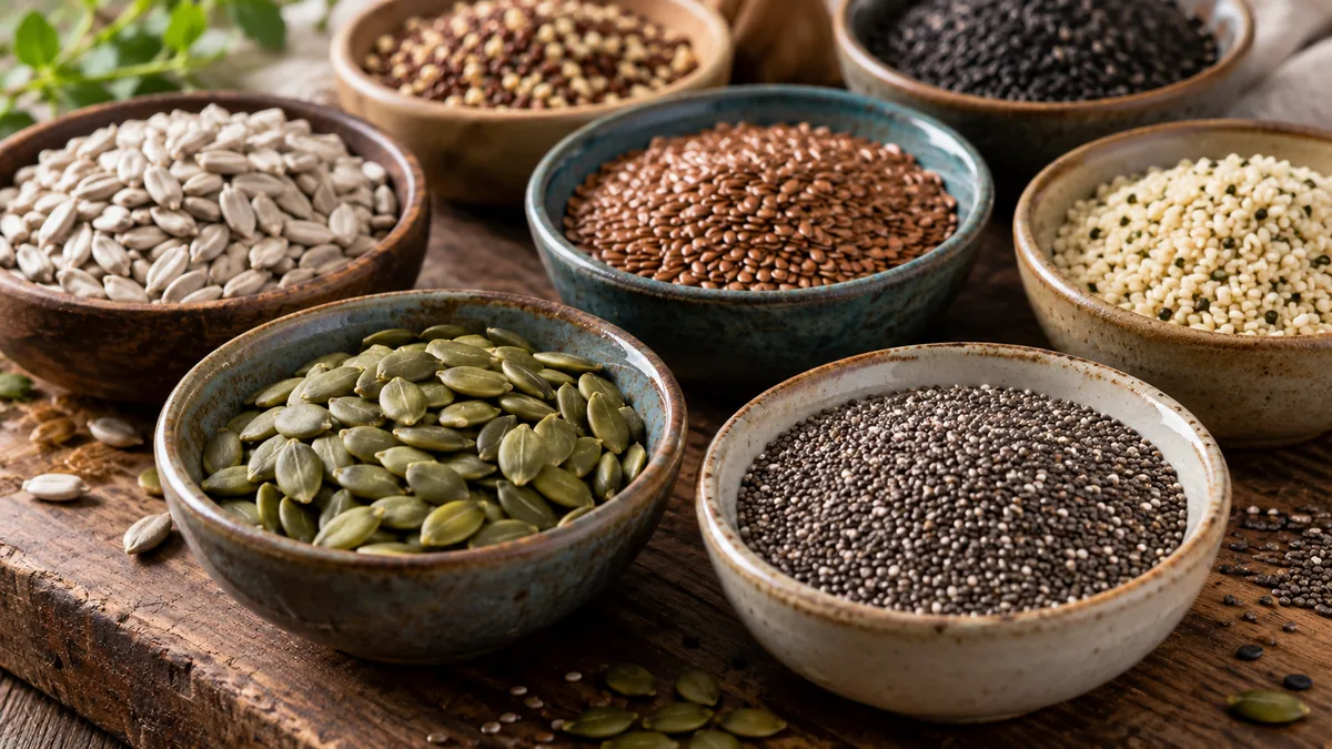 Natural close-up photograph of varied seeds in several separate ceramic bowls, metaphor for diversification