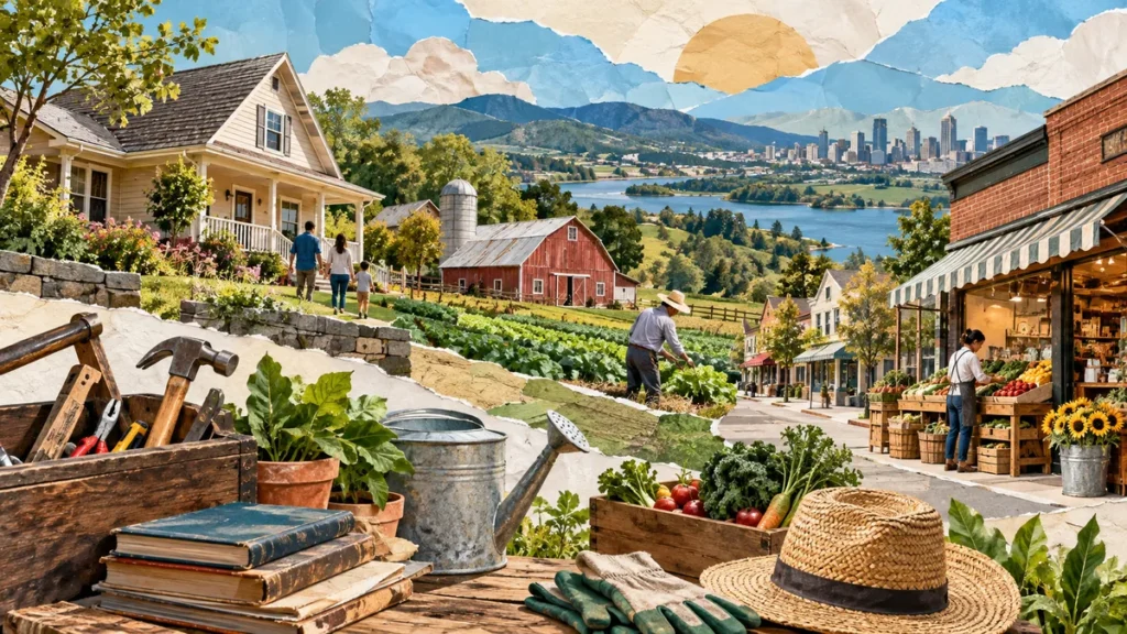 diversification: Expressive collage illustration of different everyday assets, houses farms shops and tools, textured paper