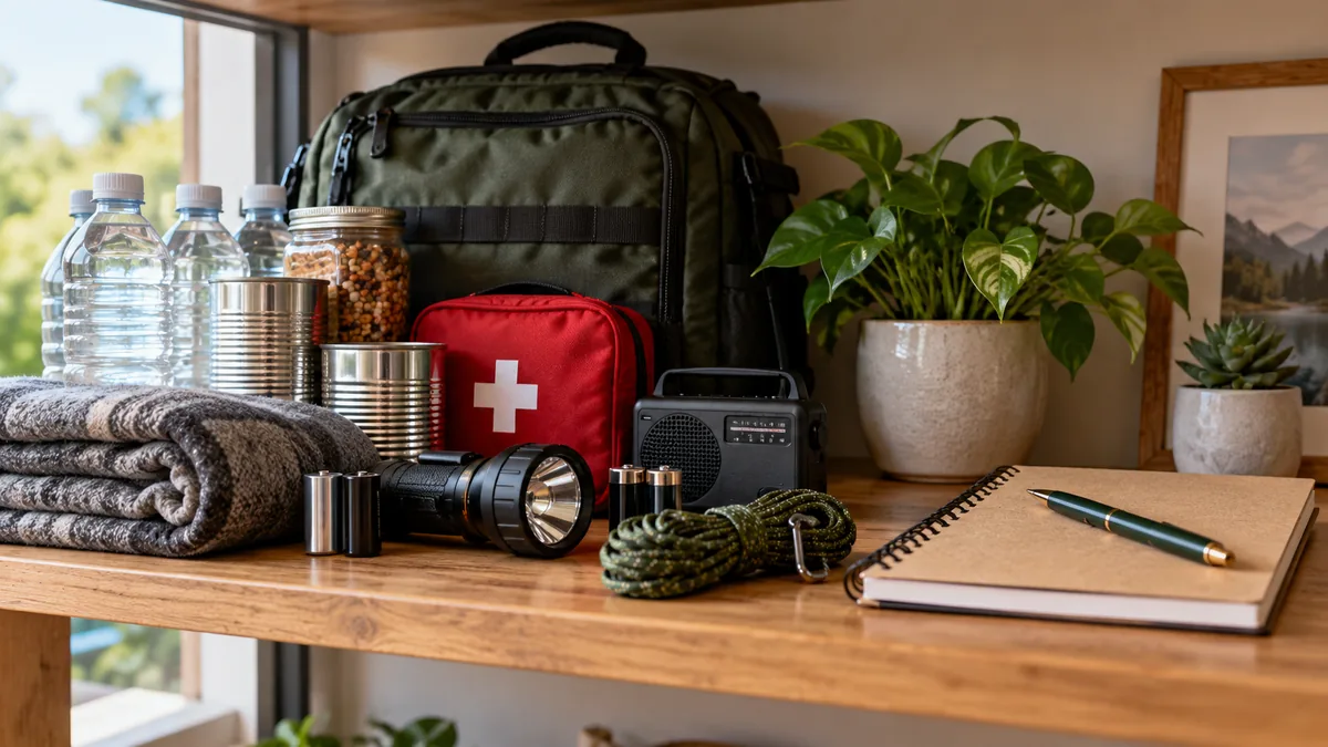 Natural still life of household emergency kit and separate savings notebook on shelf