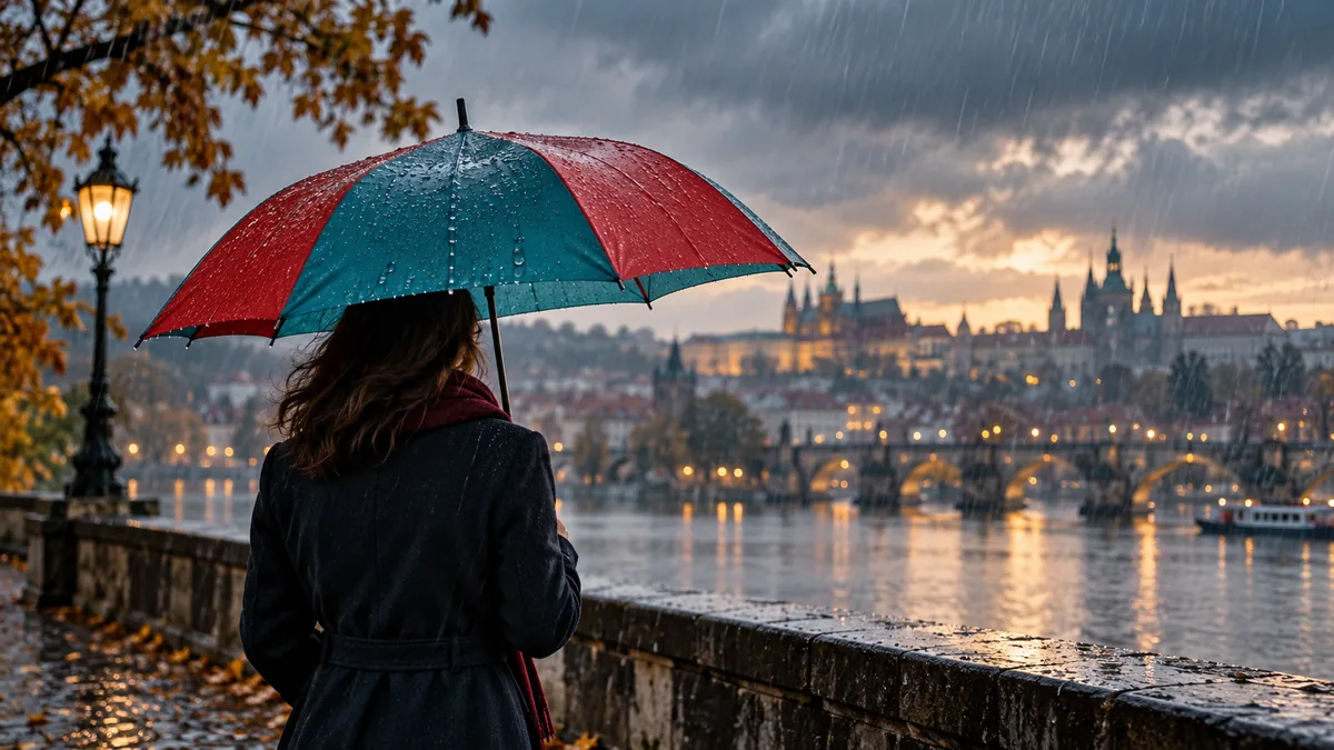 emergency fund: Rainy-day editorial illustration of a person sheltered under a sturdy umbrella, teal and red