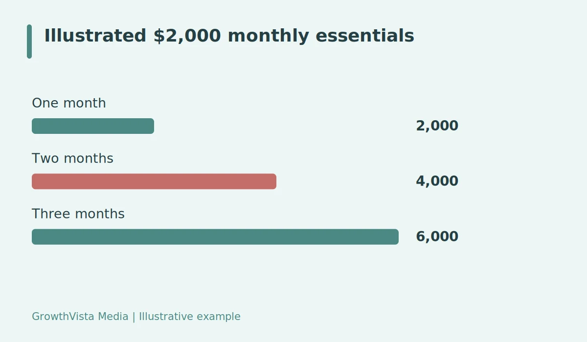 Illustrated $2,000 monthly essentials: One month: 2000; Two months: 4000; Three months: 6000