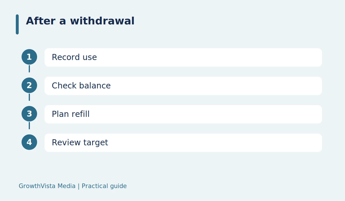 After a withdrawal: Record use → Check balance → Plan refill → Review target