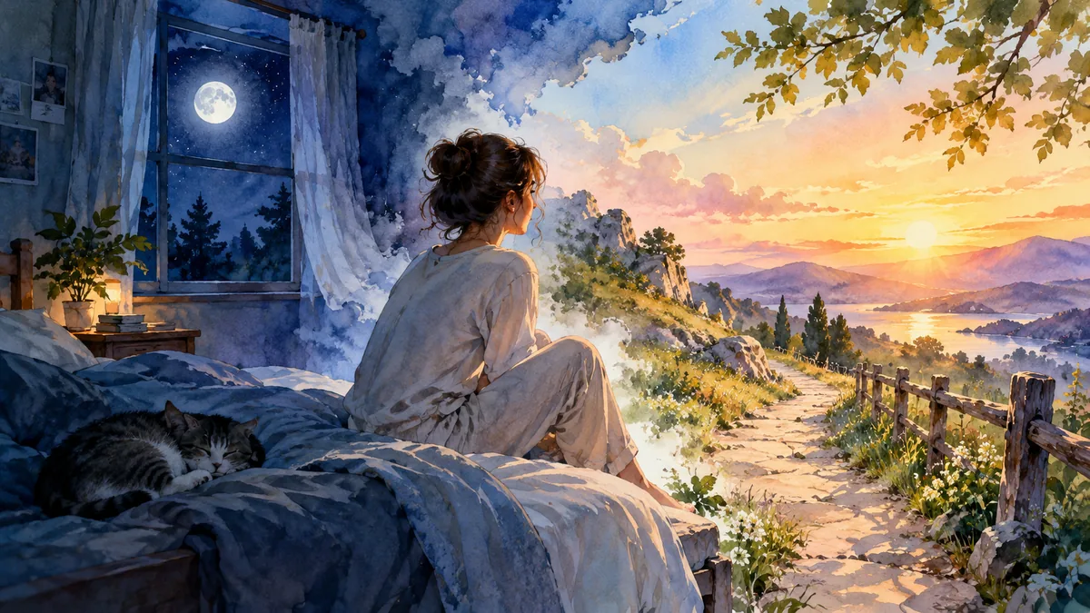 Dreamlike watercolor illustration of moonlit bedroom transitioning into sunlit walking path