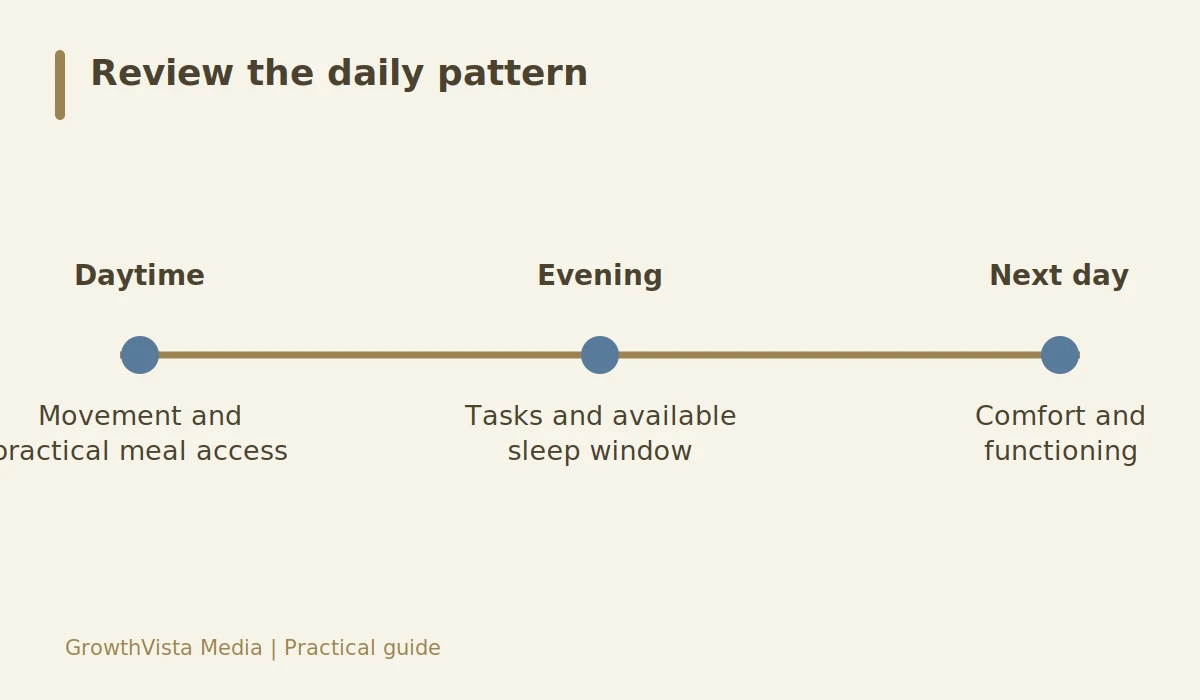 Review the daily pattern: Daytime: Movement and practical meal access; Evening: Tasks and available sleep window; Next day: Comfort and functioning