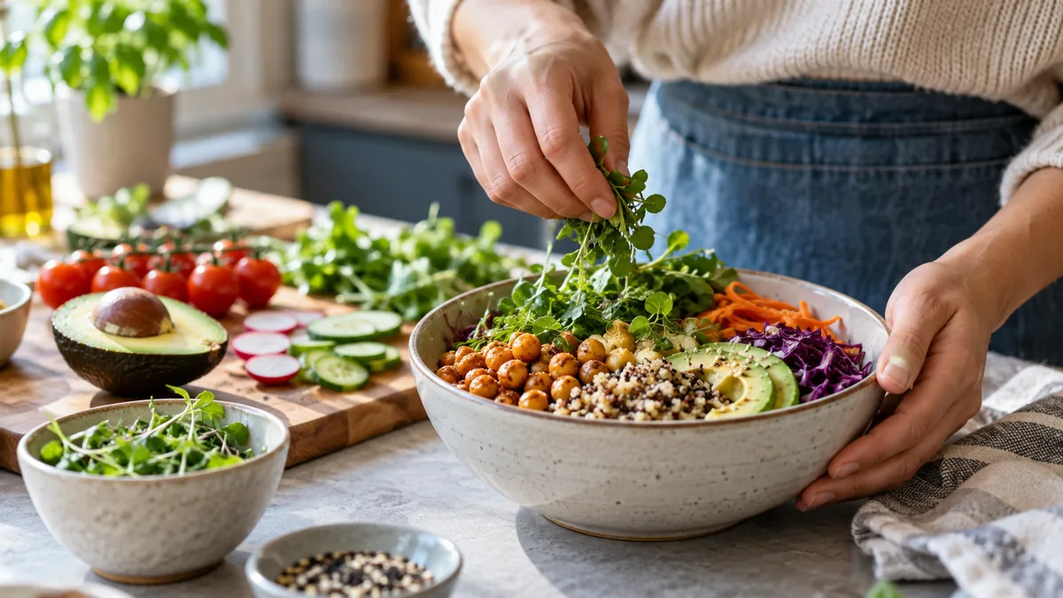 Photo of hands assembling a varied bowl in a home kitchen, natural produce, no nutrition claims