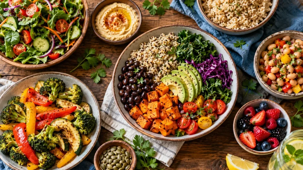 balanced plate: Overhead editorial food photograph of beans, vegetables, whole grains and fruit on a colorful dinner table