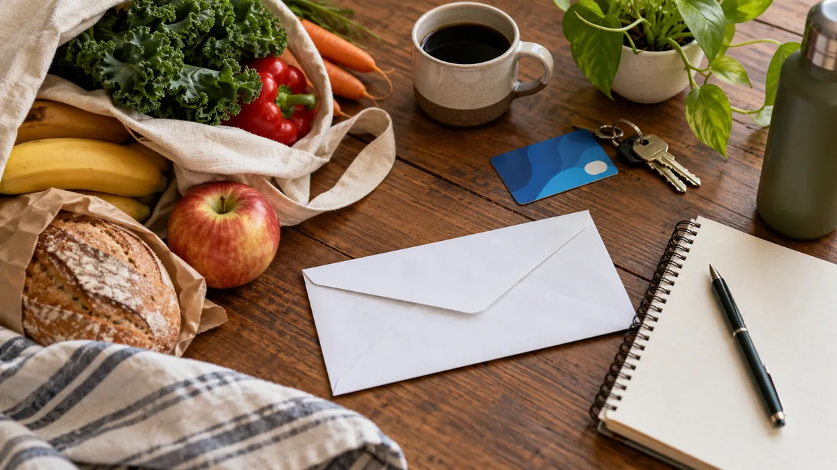 Flat-lay photo of rent envelope, groceries, transit card and notebook without legible numbers