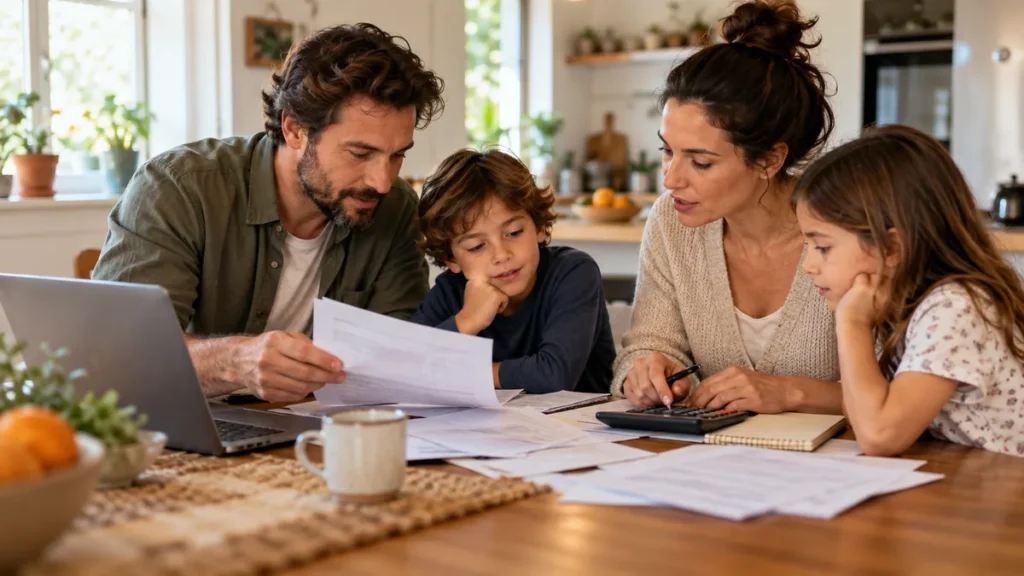 monthly budget: Warm documentary photo of family working on a household budget at kitchen table, unstaged