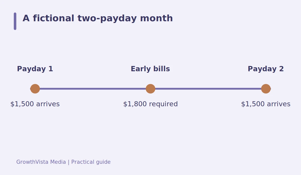 A fictional two-payday month: Payday 1: $1,500 arrives; Early bills: $1,800 required; Payday 2: $1,500 arrives