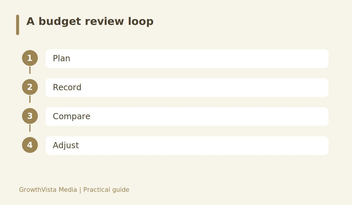 A budget review loop: Plan → Record → Compare → Adjust