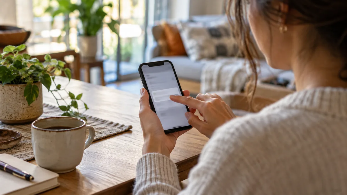 Lifestyle photograph of person setting a single reminder on an unbranded phone, screen blurred