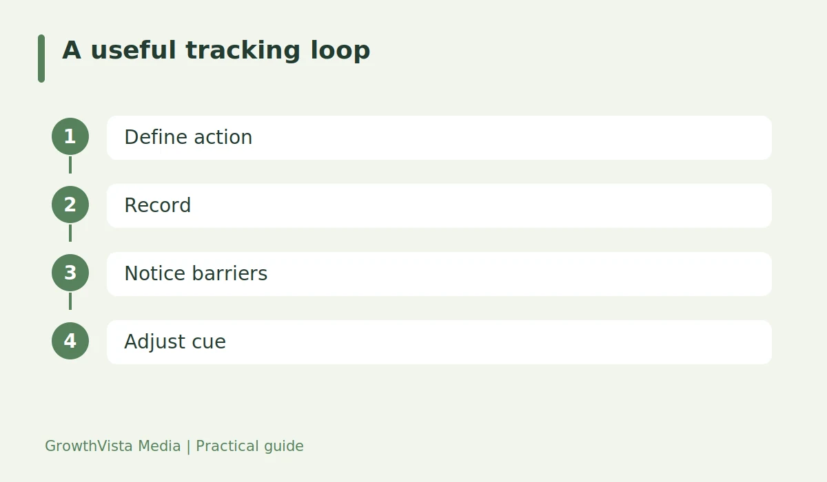 A useful tracking loop: Define action → Record → Notice barriers → Adjust cue