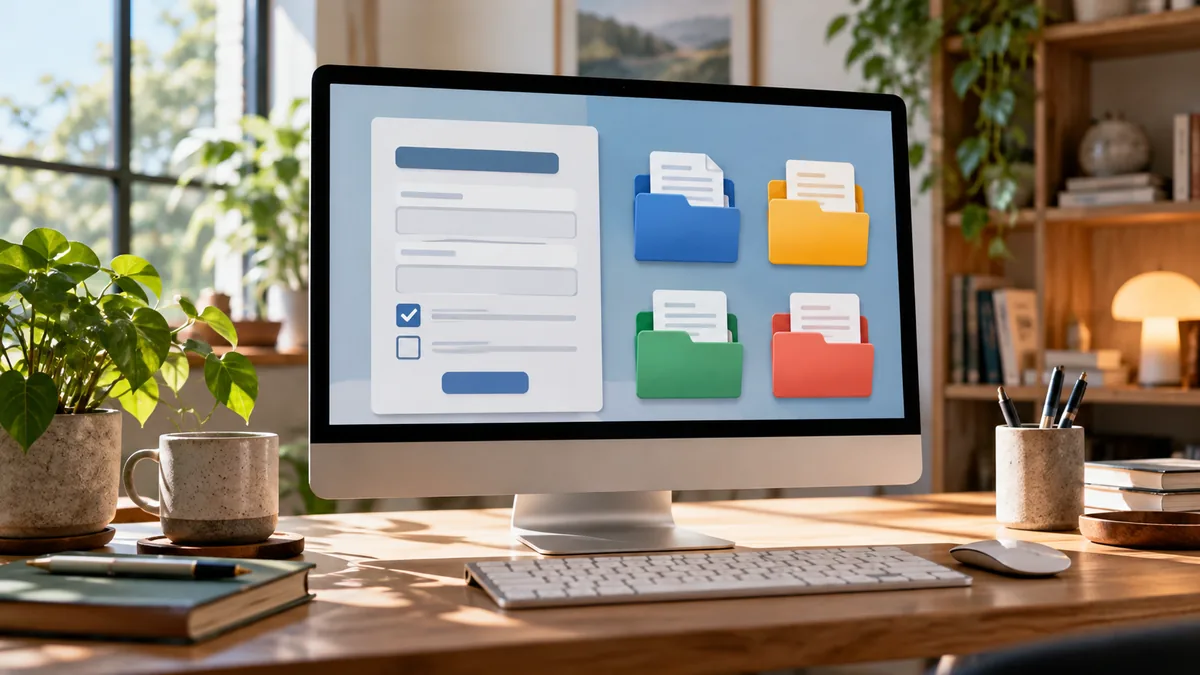 Editorial illustration of a computer screen with generic form shapes and different document folders, no text