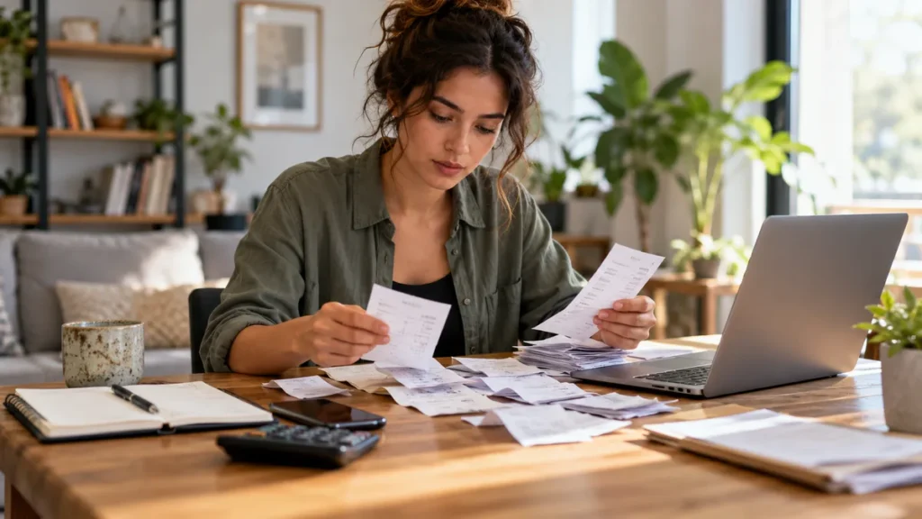 tax software: Photo of freelancer sorting business receipts beside laptop, clean practical workspace