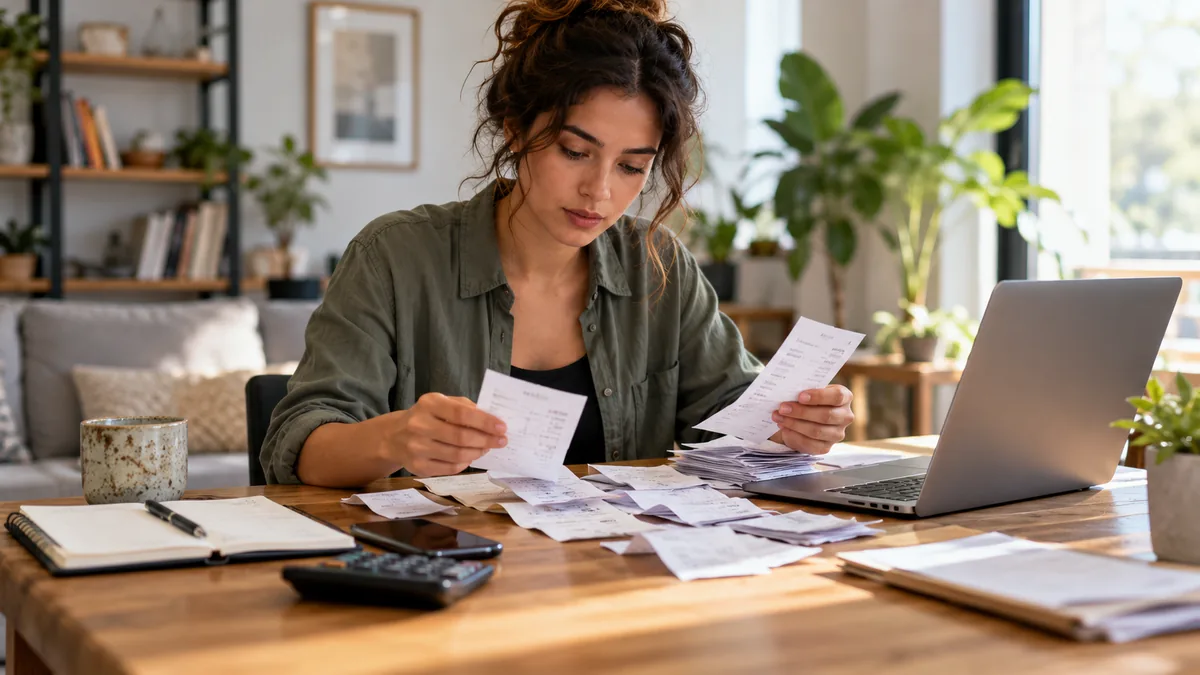 tax software: Photo of freelancer sorting business receipts beside laptop, clean practical workspace