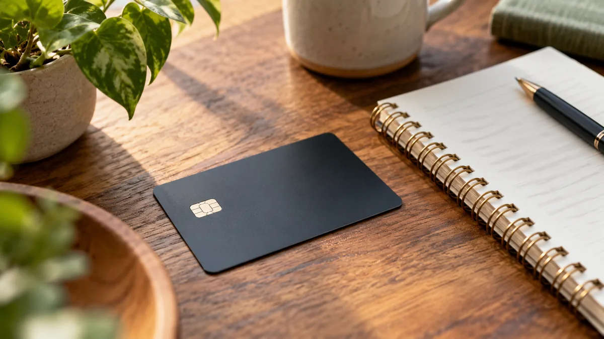Editorial close-up of a single generic matte credit card beside a budget notebook, no numbers