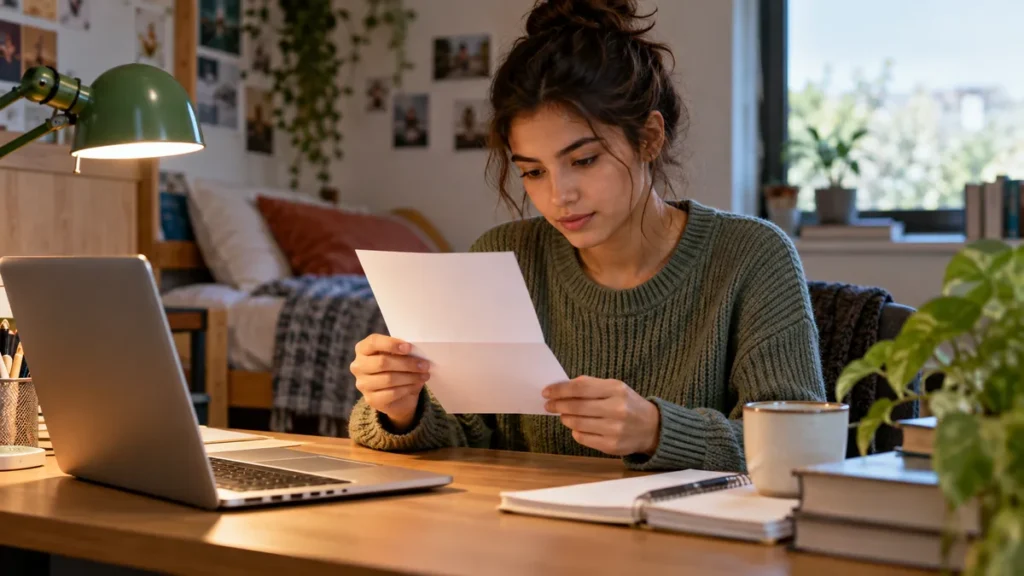 first credit card: Natural photo of student reading a blank unbranded card agreement at a dorm desk, green desk lamp