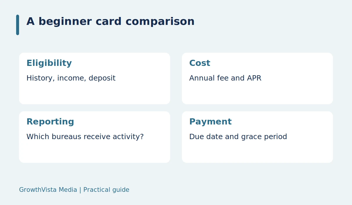A beginner card comparison: Eligibility: History, income, deposit; Cost: Annual fee and APR; Reporting: Which bureaus receive activity?; Payment: Due date and grace period