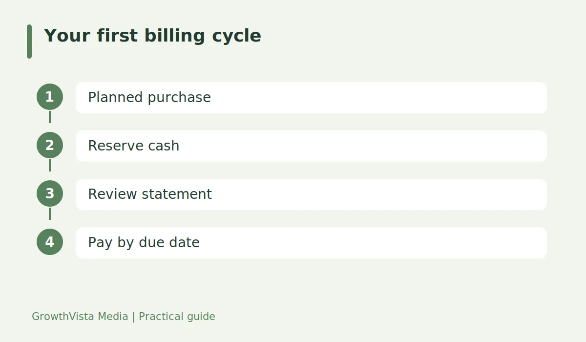 Your first billing cycle: Planned purchase → Reserve cash → Review statement → Pay by due date