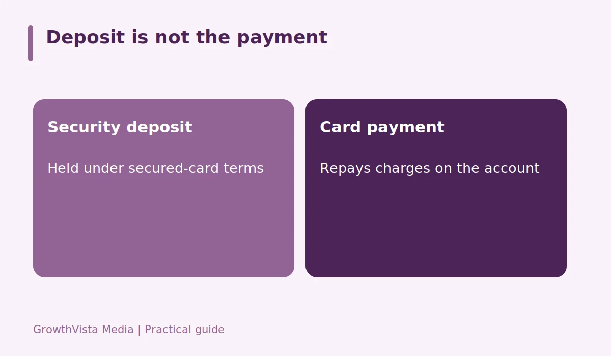 Deposit is not the payment: Security deposit: Held under secured-card terms; Card payment: Repays charges on the account