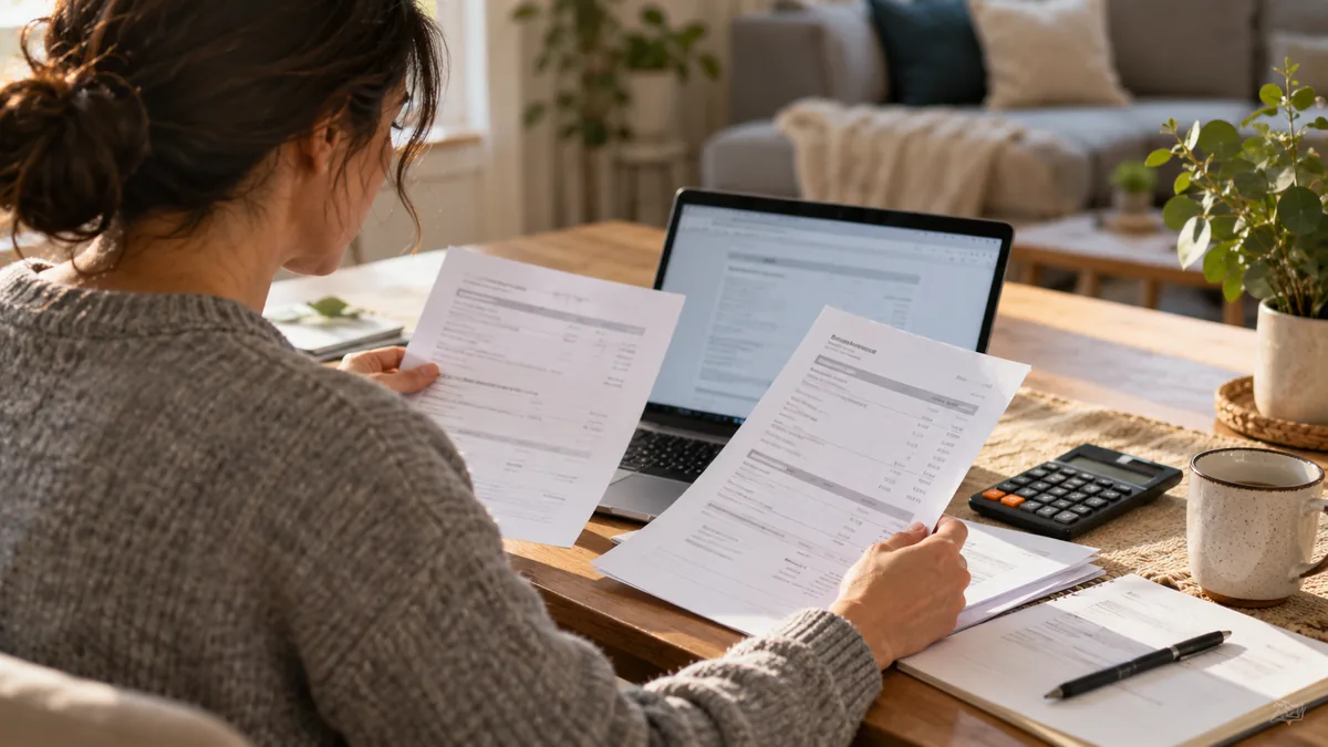 Candid over-shoulder scene of adult comparing unbranded bank information at home, uncluttered