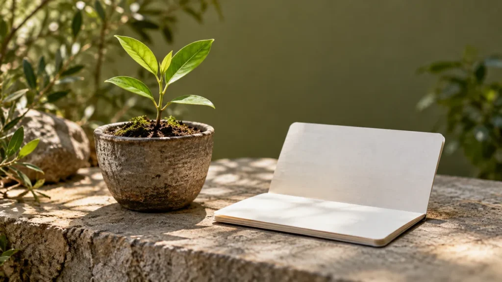 high-yield savings accounts: Photographic still life of small seedling and plain savings passbook on stone shelf, muted olive