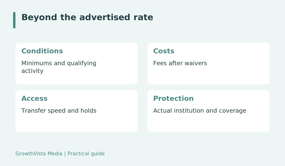 Beyond the advertised rate: Conditions: Minimums and qualifying activity; Costs: Fees after waivers; Access: Transfer speed and holds; Protection: Actual institution and coverage