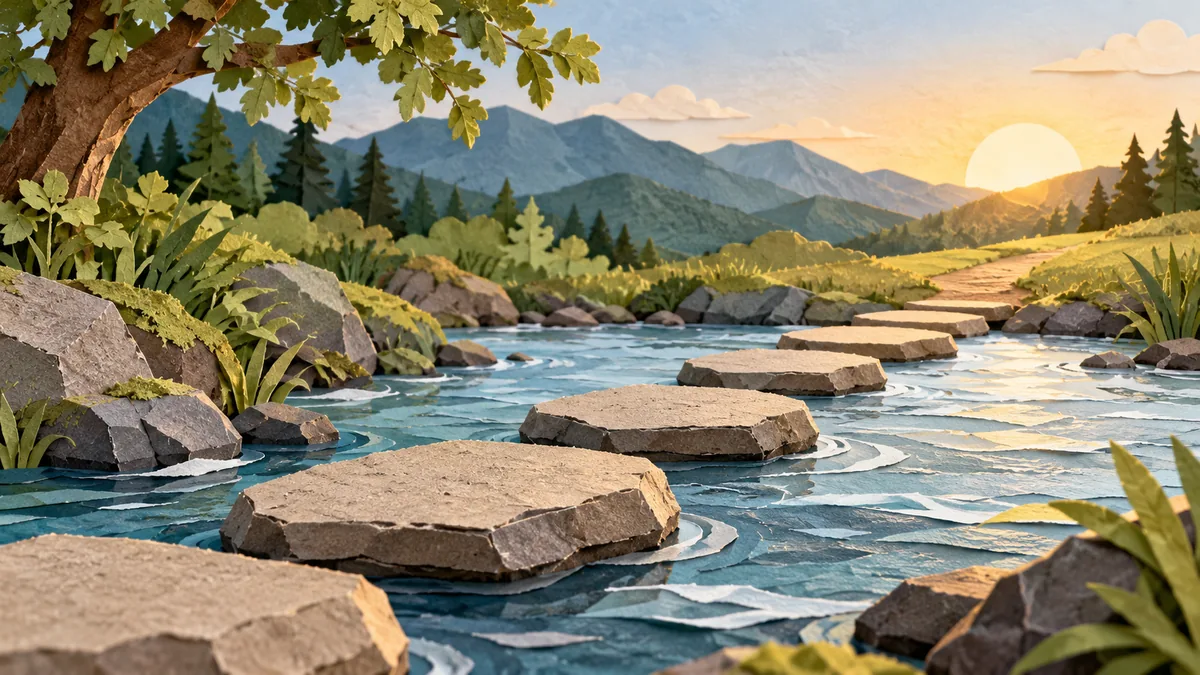 Layered paper illustration of stepping stones across a stream, hopeful non-financial metaphor