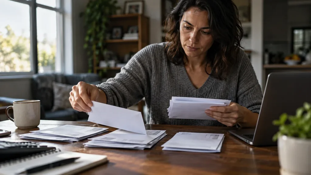 debt repayment plan: Photo of an adult arranging bill envelopes by due date, low-key window lighting