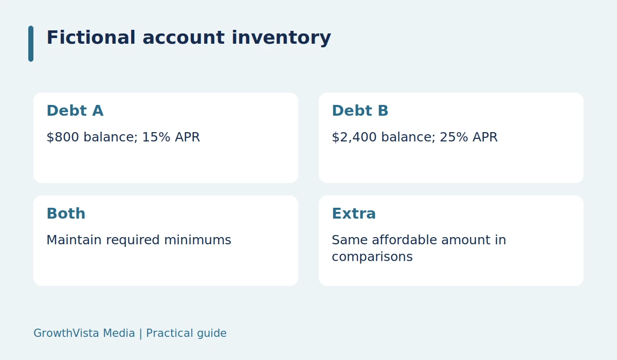 Fictional account inventory: Debt A: $800 balance; 15% APR; Debt B: $2,400 balance; 25% APR; Both: Maintain required minimums; Extra: Same affordable amount in comparisons