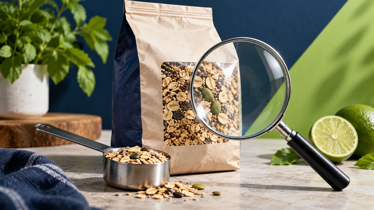 Conceptual collage illustration of measuring spoon, food package and magnifying glass, lime and navy