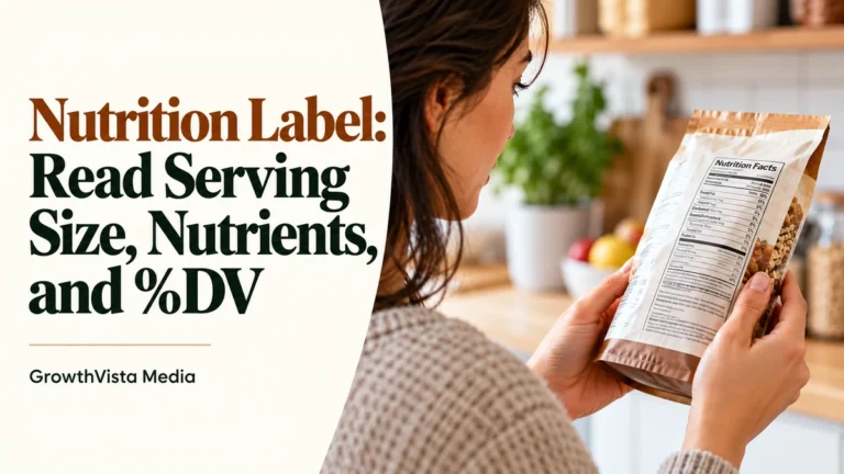 Nutrition Label: Read Serving Size, Nutrients, and %DV: title over an editorial scene