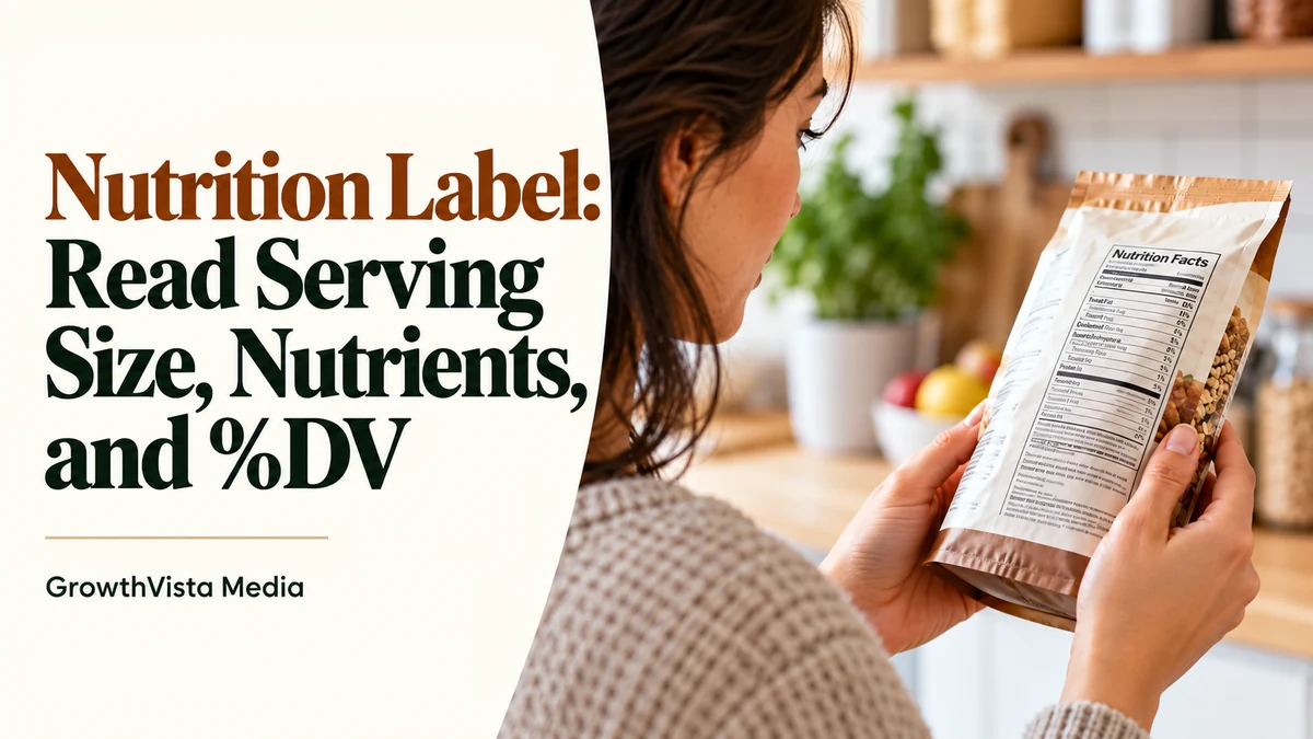 Nutrition Label: Read Serving Size, Nutrients, and %DV: title over an editorial scene